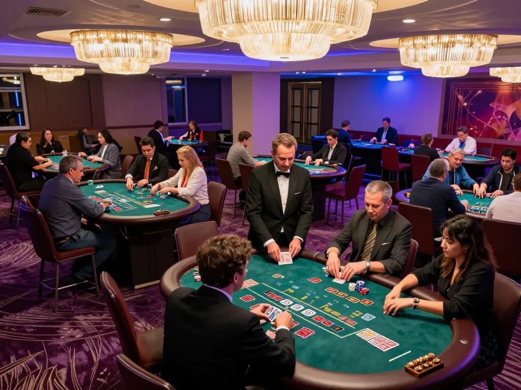 Players strategizing over blackjack tables at a modern casino, highlighting tr88 excitement and competition.