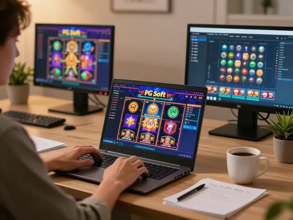 PG Soft Demo Gratis dimainkan di laptop, menampilkan antarmuka slot yang cerah dalam pengaturan permainan yang nyaman.