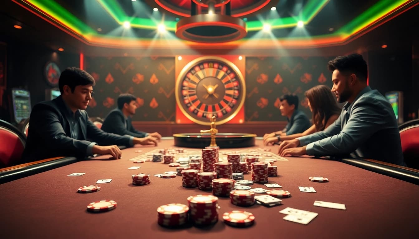 The excitement of poker at 68VIP casino, showcasing players and vibrant chips.
