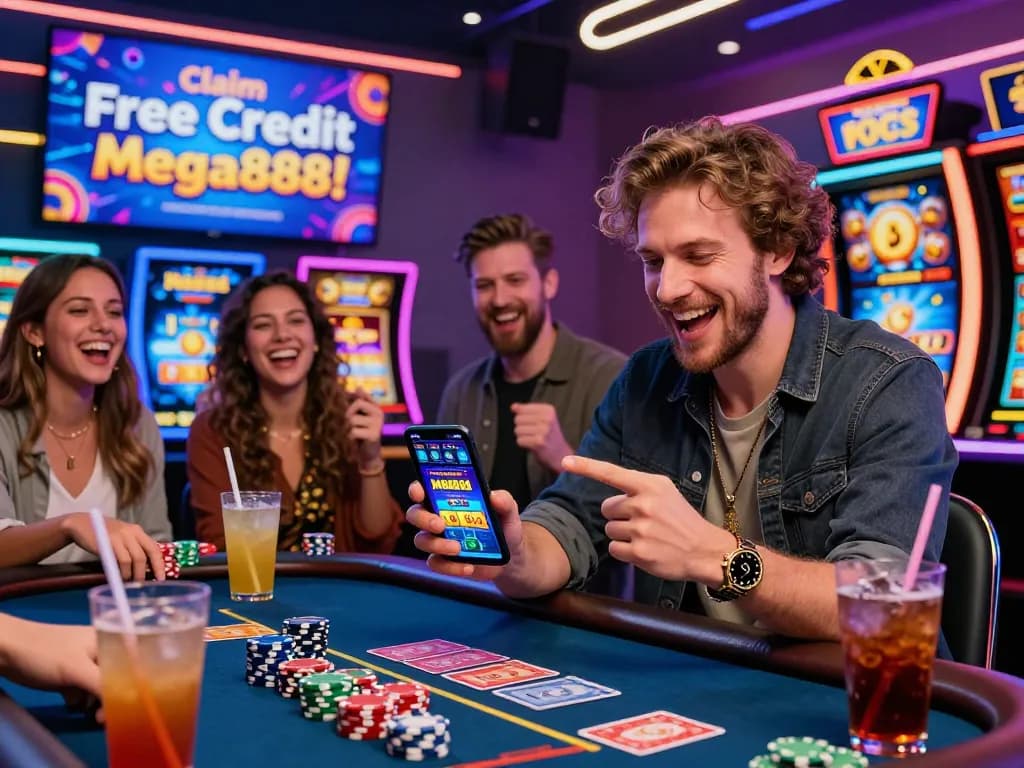 Engaged player claiming free credit Mega888 at a lively casino-themed setup with friends, showcasing vibrant atmosphere and excitement.