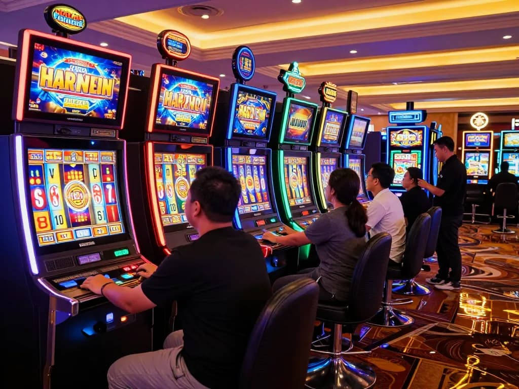 Players enjoying thrilling slot gacor hari ini experience in a vibrant casino atmosphere with flashing lights and exciting sounds.