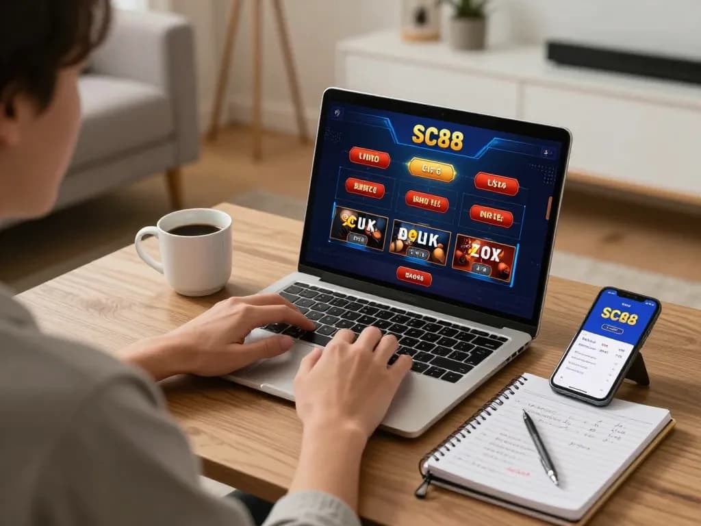 Engaging in SC88 online gambling session with laptop and notebook, highlighting strategic gaming.