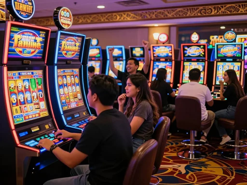 Players celebrating wins at vibrant slot gacor machines in a thrilling casino atmosphere.