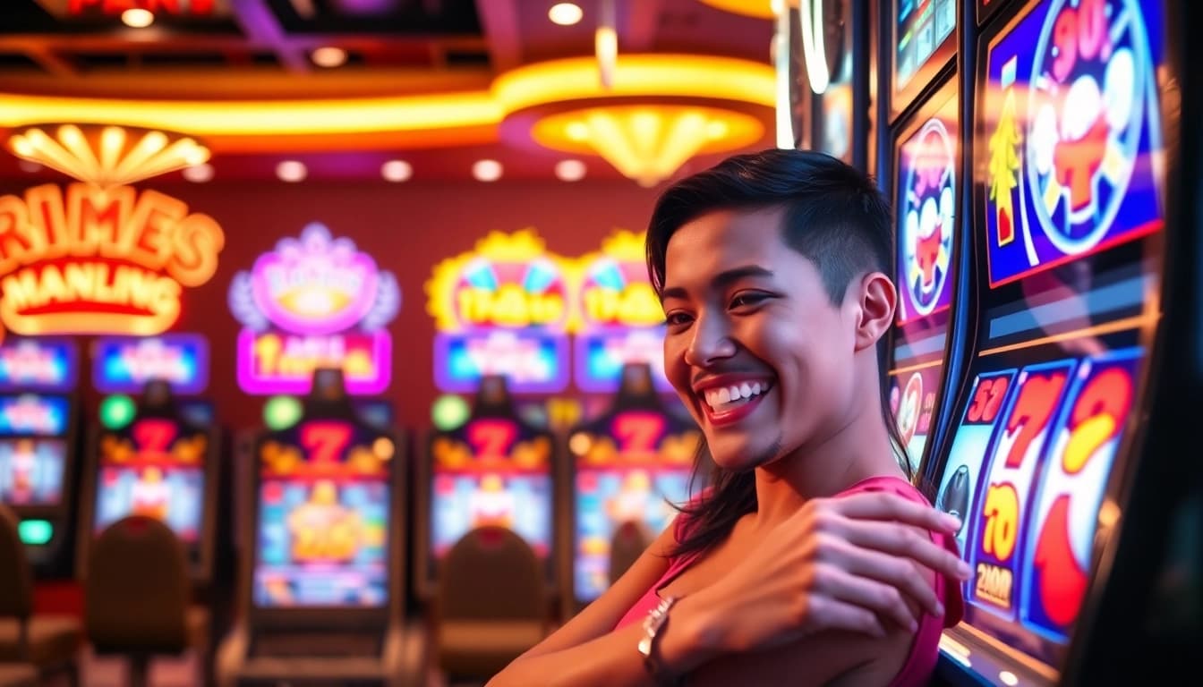 Slot Game dengan tampilan mewah di kasino, pemain merayakan kemenangan besar.
