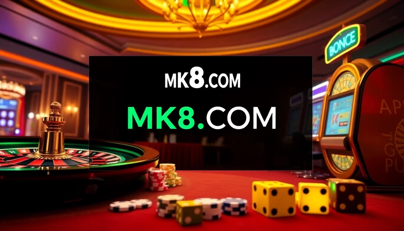 Engaging gambling scene showcasing MK8.COM with poker chips and a roulette wheel.
