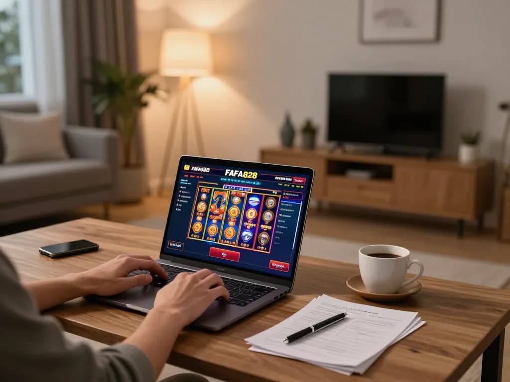 Person playing FAFA828 casino games on laptop at home with strategy notes