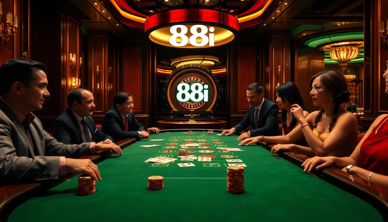 Players engaging in a thrilling poker game at 88i casino, evoking excitement and luxury.