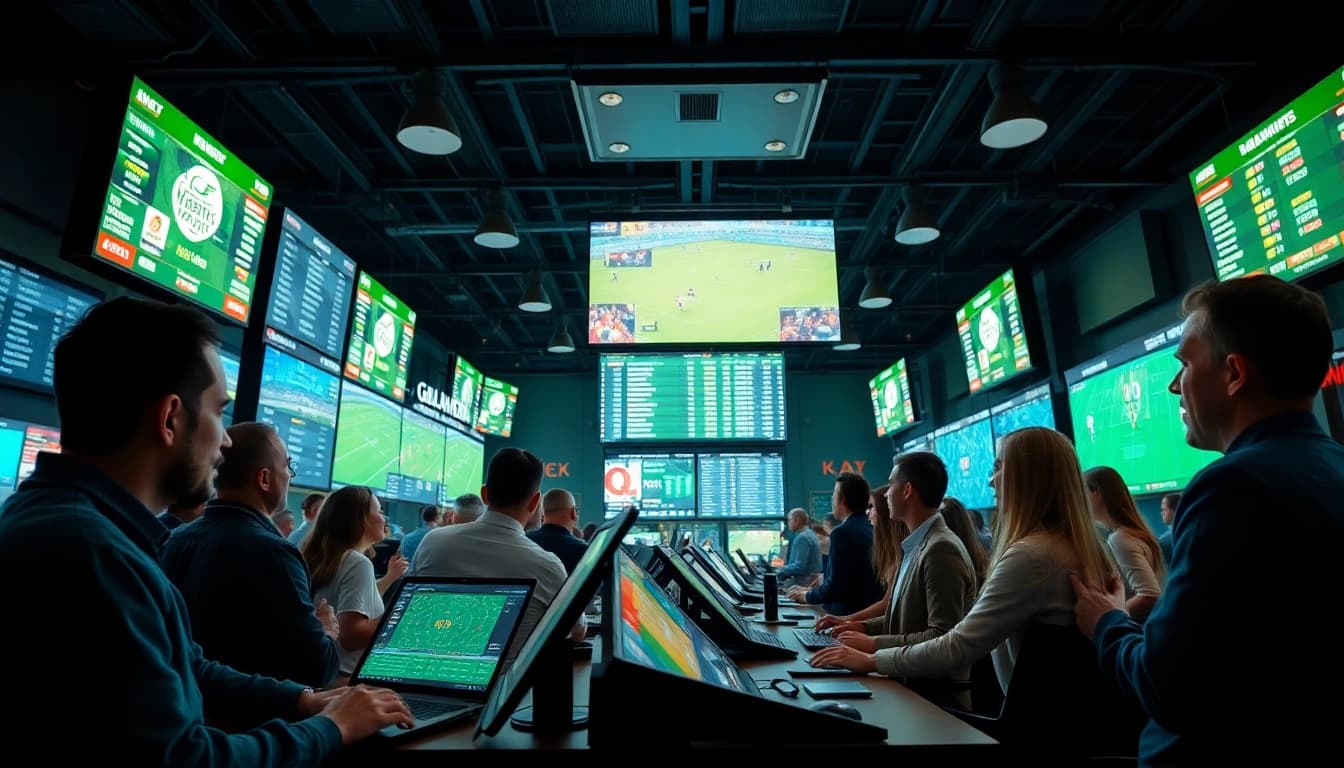 Engaged players participating in online betting in a dynamic, high-energy sportsbook environment.