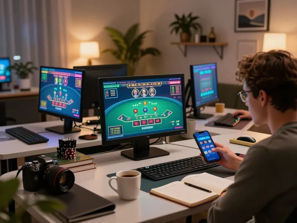 Experience the thrill of online gambling with 98win1 in an engaging home setup showcasing strategy.