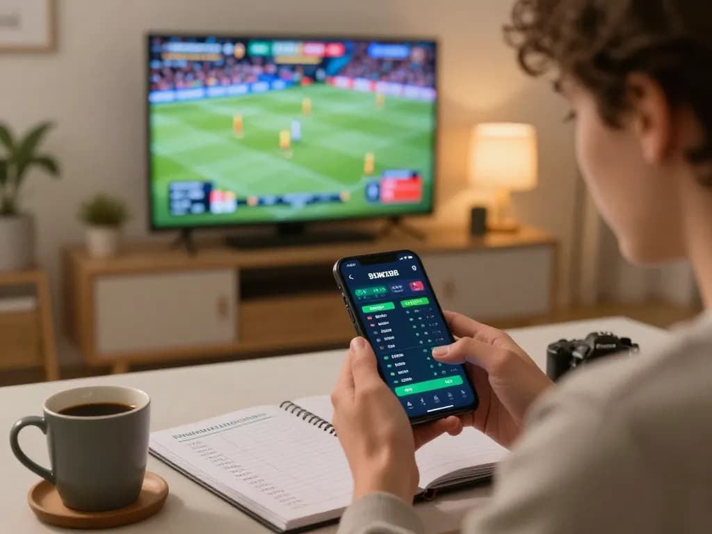 Engaging in sports betting with Q88 app showing live odds and match stats in a stylish home.