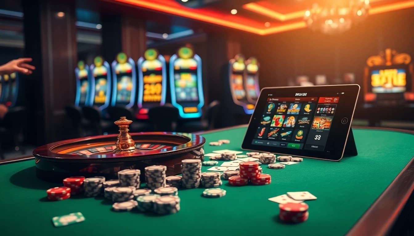 Experience the thrills of gambling with Bro138 in a luxury casino setting showcasing poker chips and a roulette wheel.
