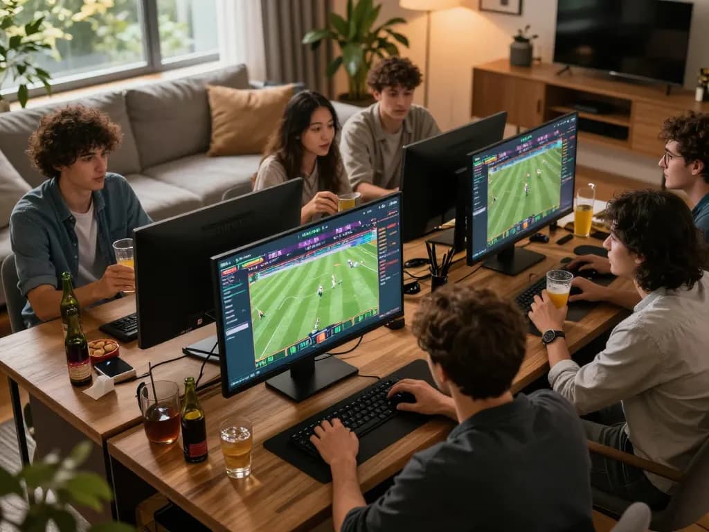 Person engaging in live sports betting on luongsontv with multiple screens showing matches