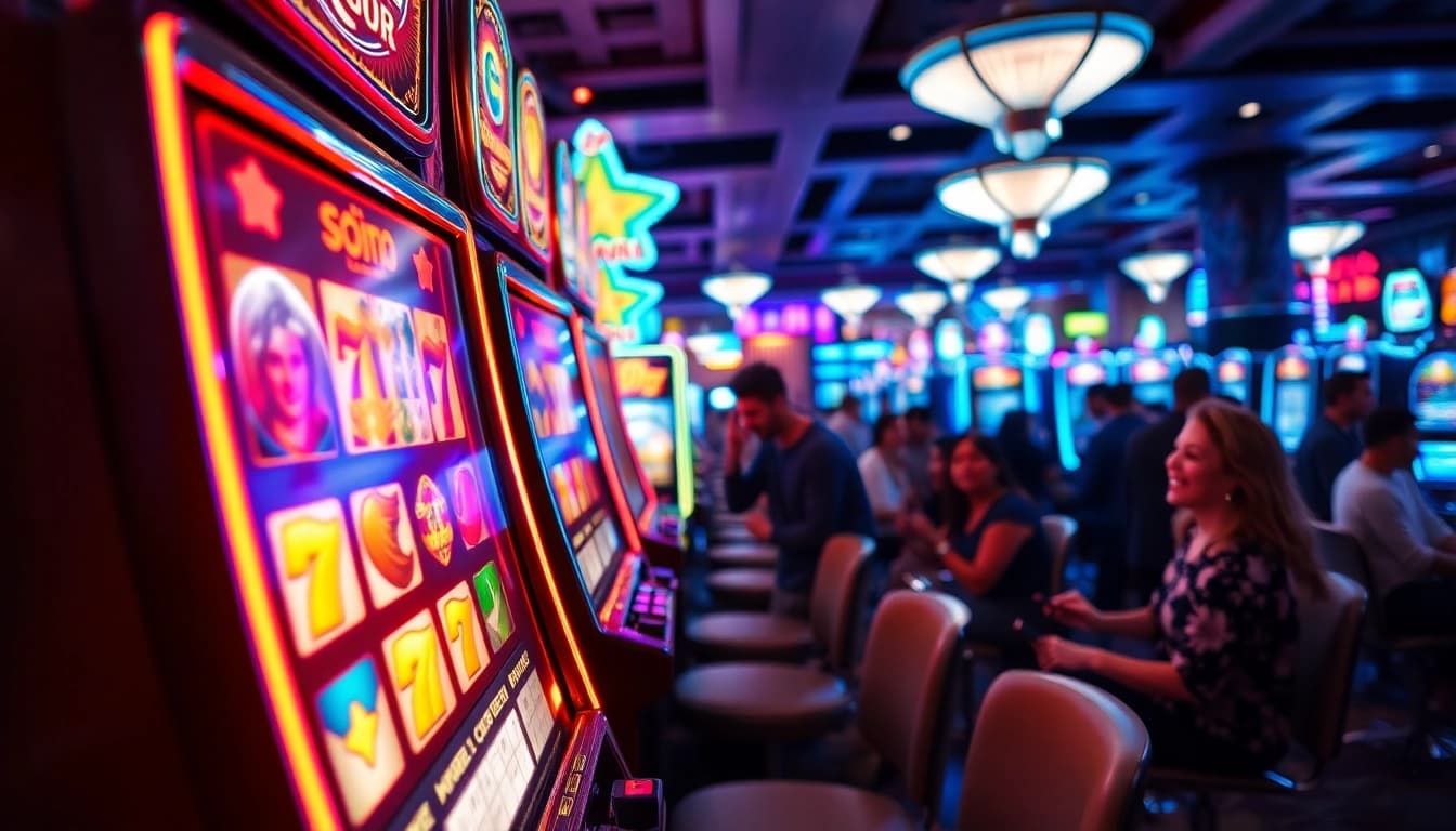 Slot gacor machine in a lively casino setting with enthusiastic players celebrating wins.