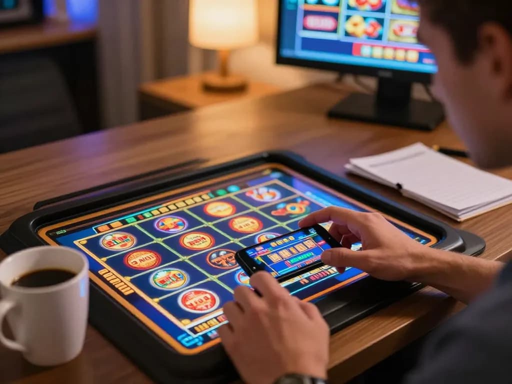 Pemain memutar gulungan slot di smartphone sambil menikmati suasana rumah yang nyaman.