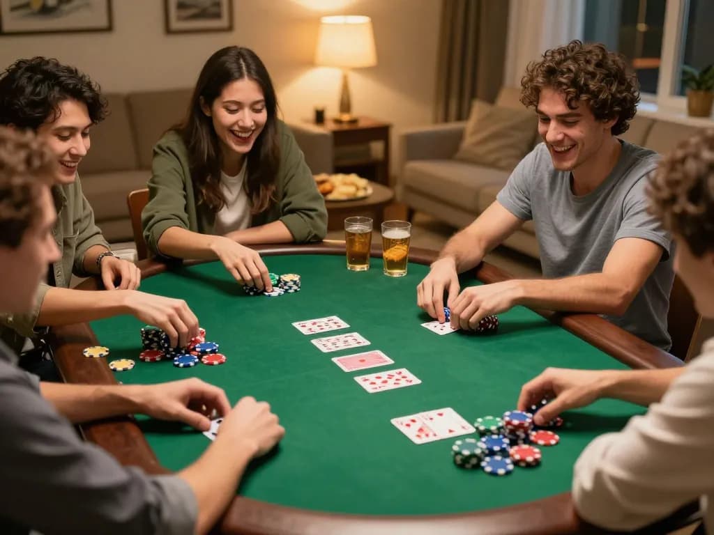 Friends enjoy an interactive poker night while using luckyindex for strategy tips.