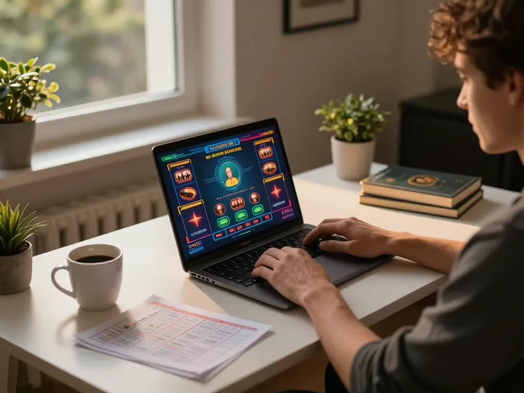 Menariknya adegan login kenzototo yang memperlihatkan seorang pemain fokus pada permainan kasino online dari meja rumah yang stylish.