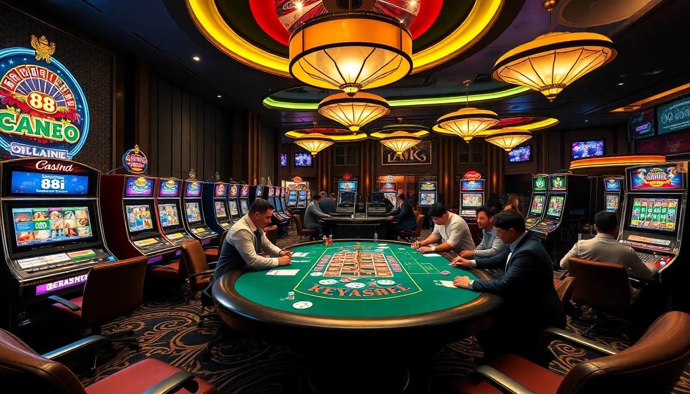 Experience the thrill of gaming with link 88i at an elegant casino, featuring players, tables, and vibrant slot machines.