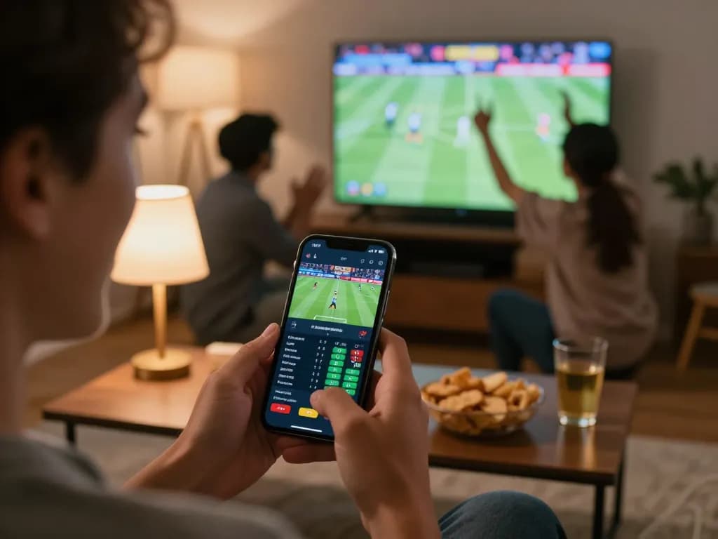 Engaging in mobile sports betting with link vào SIN88 in a lively home setting, capturing strategy and excitement.