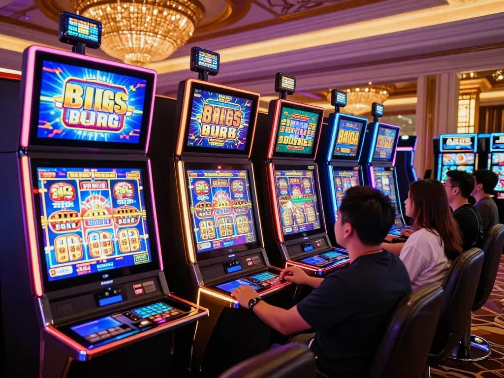 Players enjoying the thrill of link gacor slot machines in an upscale casino, surrounded by vibrant gaming lights.