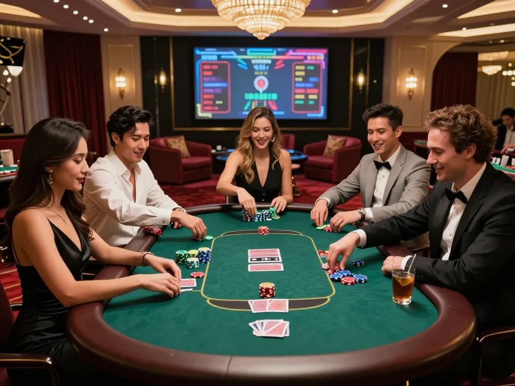Exciting gambling scene at a casino table with friends celebrating, showcasing https://net88.wtf/ poker gaming experience.