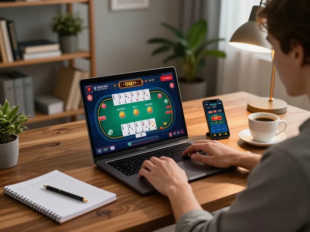 Engaged player experiencing Poker Online Domino QQ on laptop in cozy home setup.