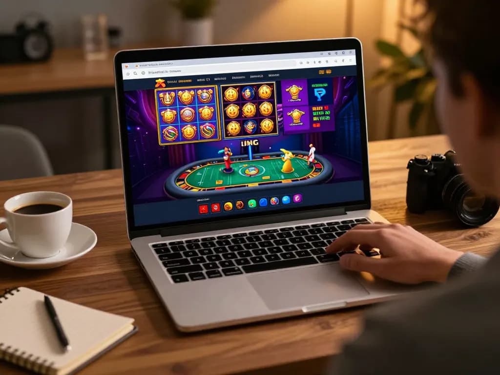 Hitclub player engaging with vibrant slot games on a laptop in a cozy home setting.