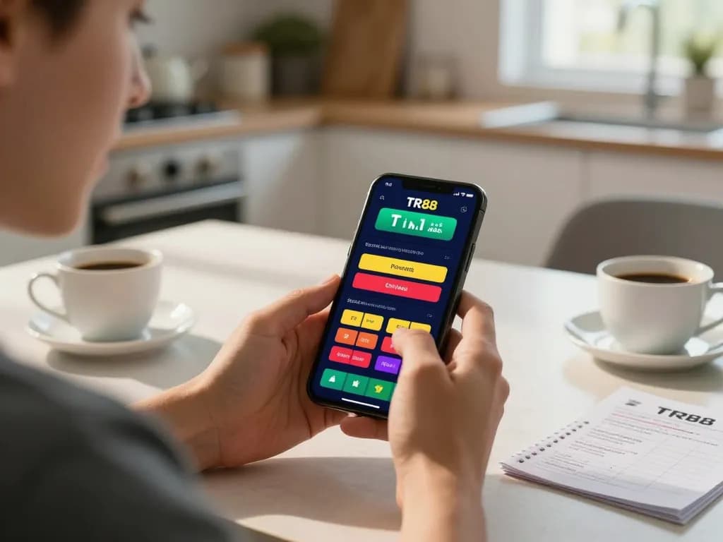Engaging with the TR88 link app for sports betting in a cozy home setting, promoting responsible gambling.