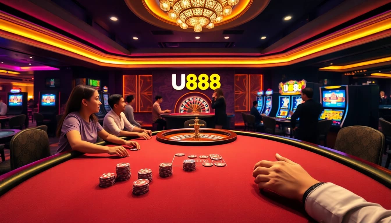 U888 branded casino scene featuring lively poker action and vibrant slot machines.