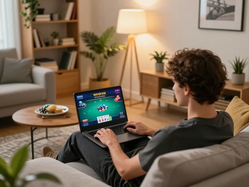 Online player engaging in poker on KO66 platform from a cozy living room setting