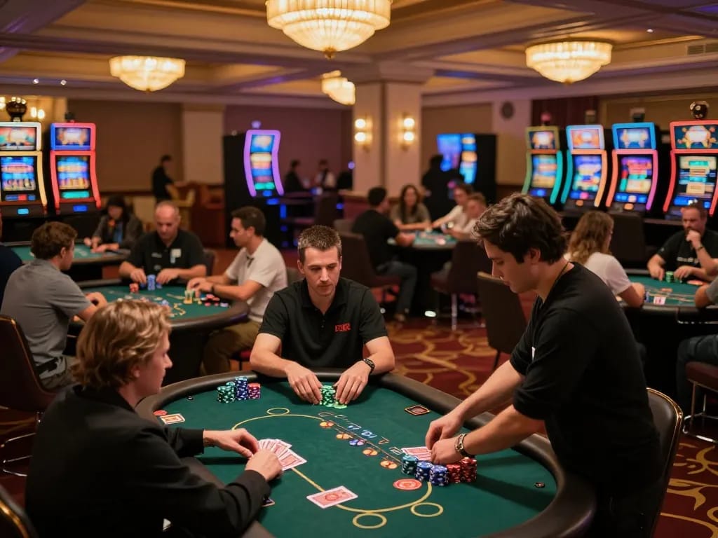 Players immersed in poker gameplay at a luxurious casino, highlighting the thrilling environment of 789win.