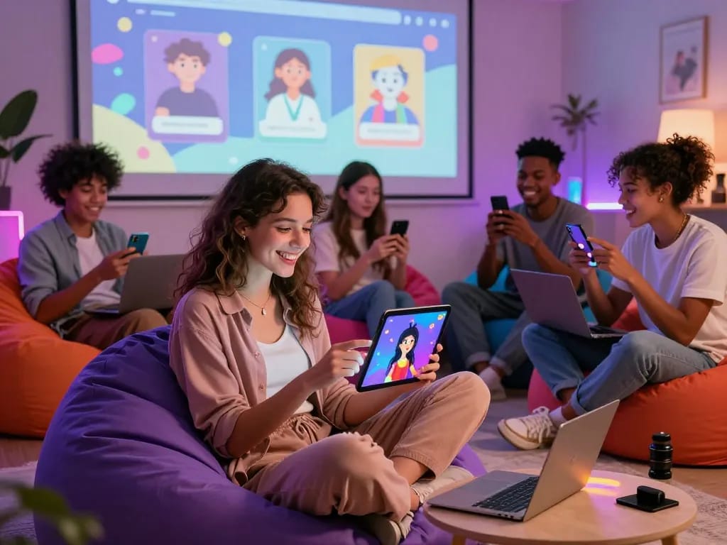 Engaging scene of friends enjoying ai chat nsfw interactions on devices in a cozy digital lounge.