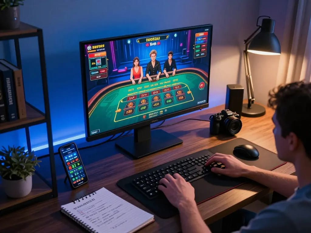 Engaging in online gaming with 11win on a sleek gaming setup during strategic betting.