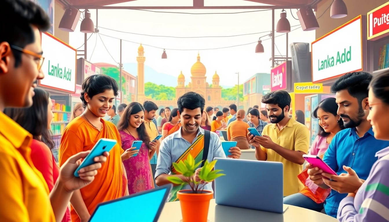Lanka Add platform bustling with users browsing vibrant ads in Sri Lanka's online marketplace.