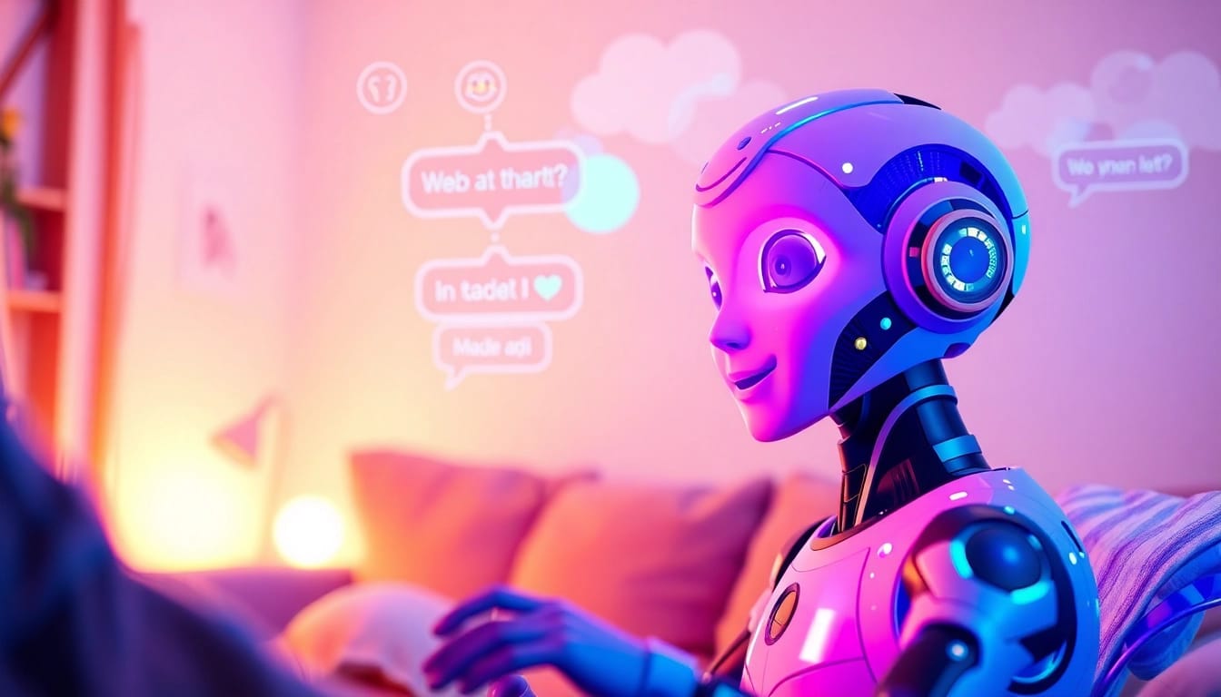 Engaging visual of a friendly AI character in a cozy chat environment, designed for sex ai chat interactions.