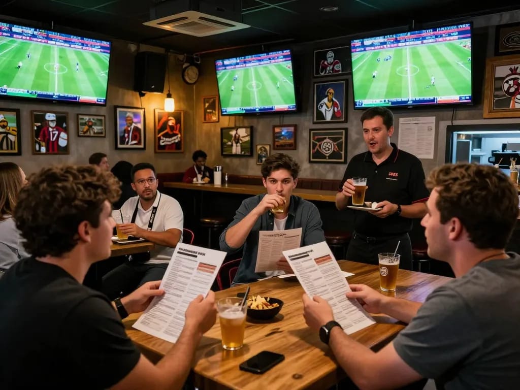 Patrons analyzing tỷ lệ bóng đá kèo nhà cái while enjoying live football matches in a lively sports bar.