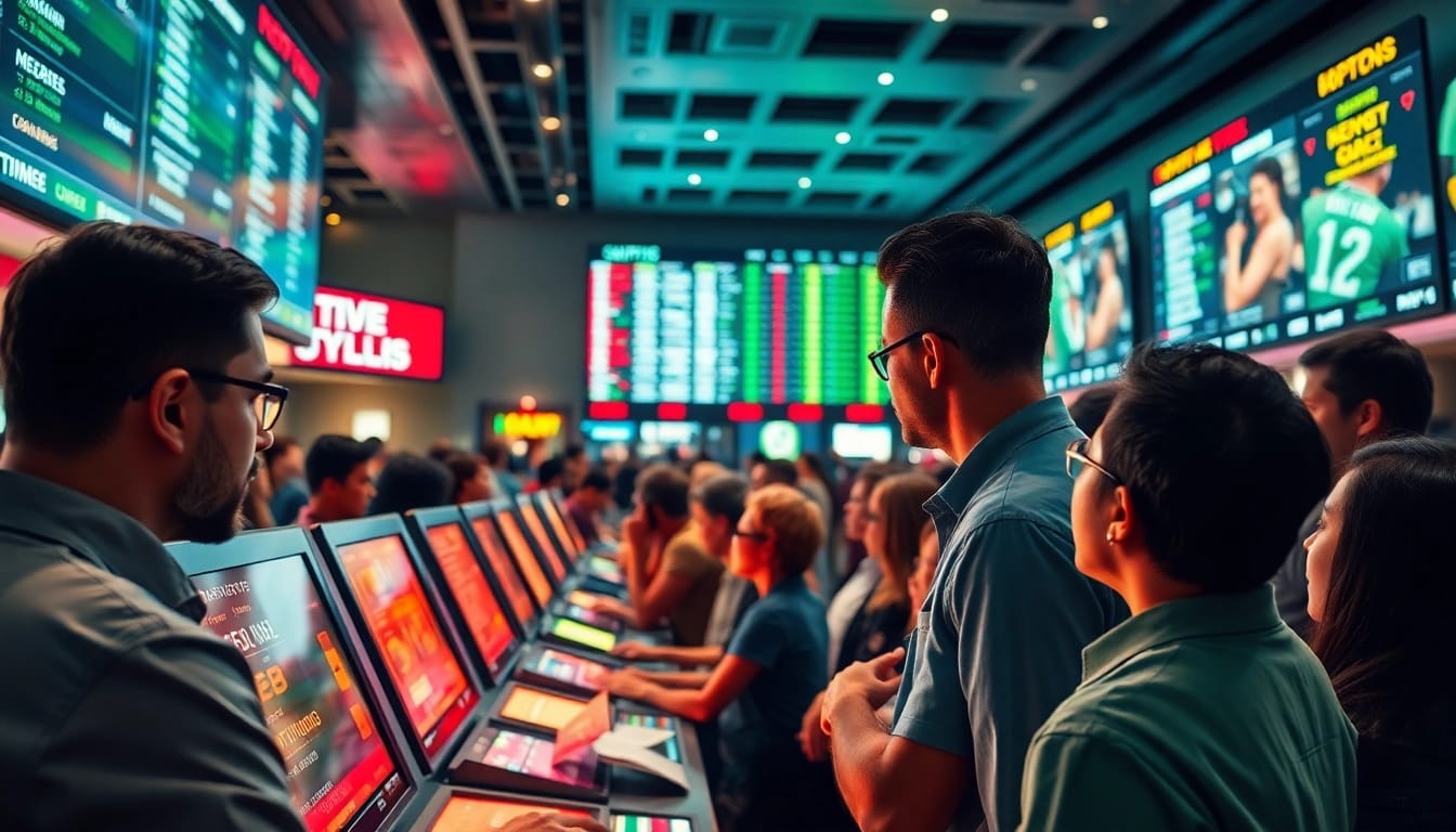 Engaging sports betting atmosphere showcasing diverse bettors and live odds displays.
