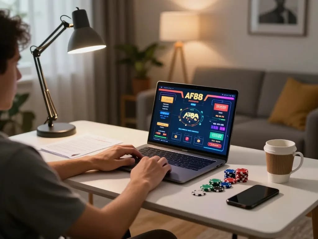 Engaging AF88 game session on a laptop, showcasing strategic gameplay with poker chips and betting notes.