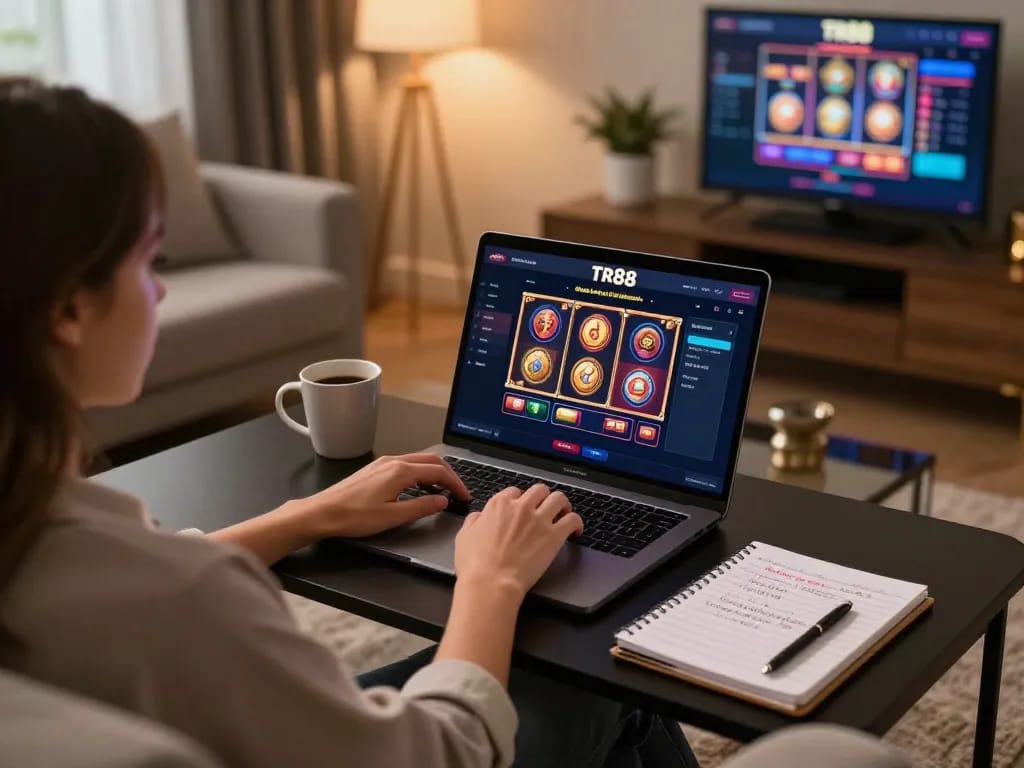 Engaging with Tr88 chính thức online gaming on a laptop in a cozy home setting, promoting responsible gambling.