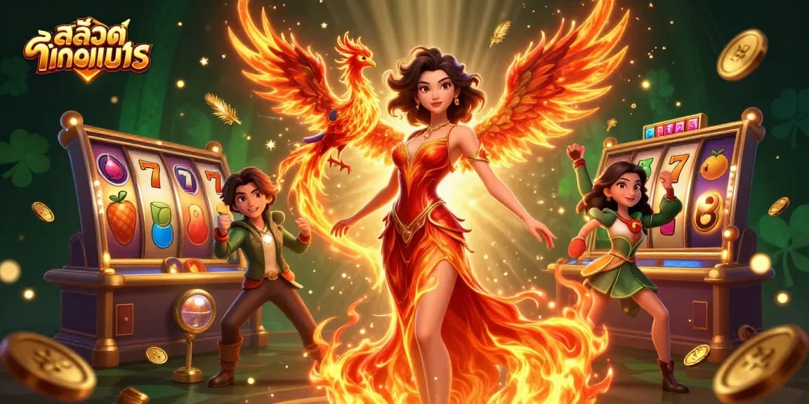 Play สล็อตทดลอง and win big with engaging slot game features in this vibrant illustration.