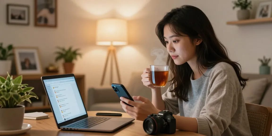 Woman engaging with her AI girlfriend on smartphone in a cozy living room, showcasing emotional connection.