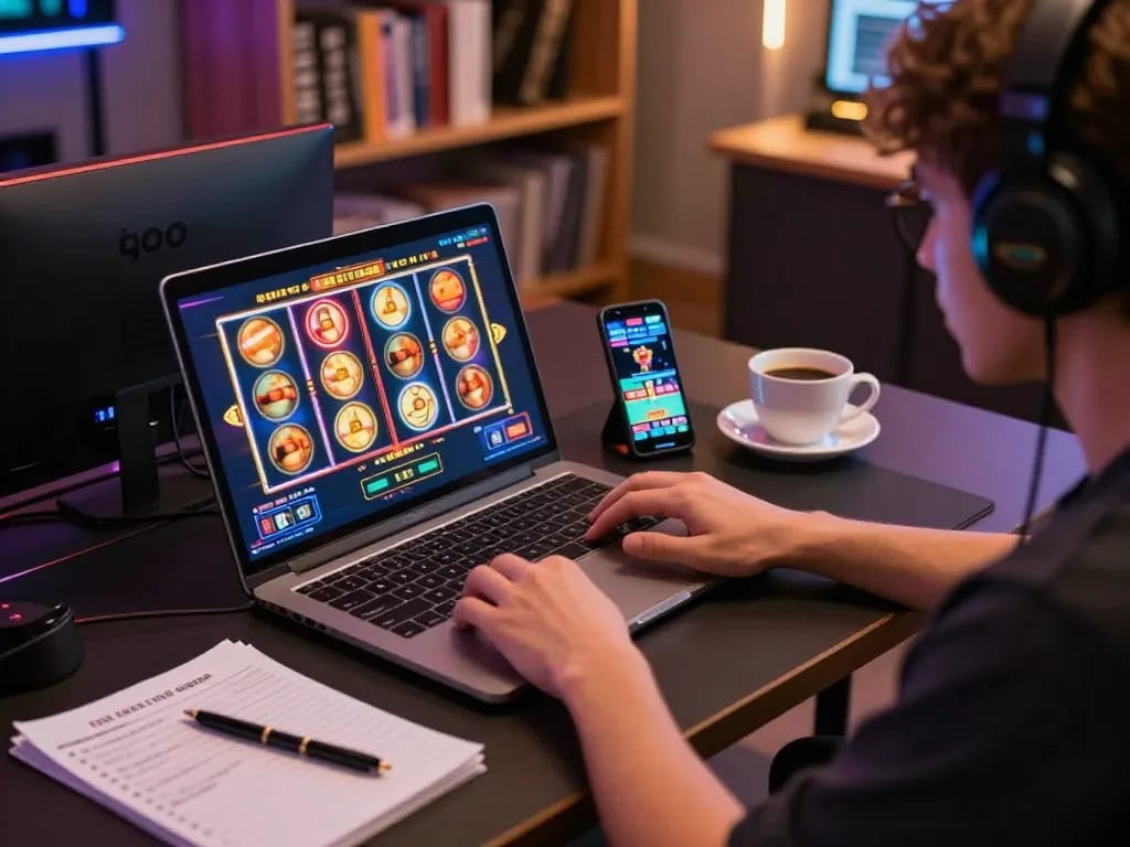 Engaging in slot gacor gameplay on a laptop, showcasing vibrant online casino action.