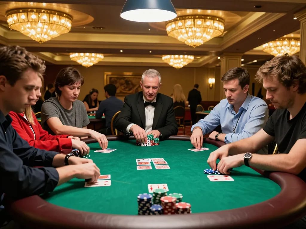 Players strategizing at the poker table, experiencing action at okfun com casino.