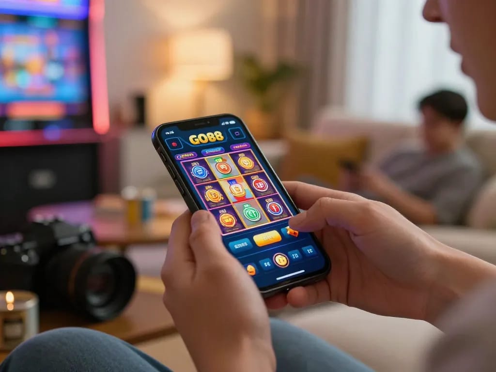Player engaging with the GO88 casino app on smartphone, showcasing vibrant online gaming interface
