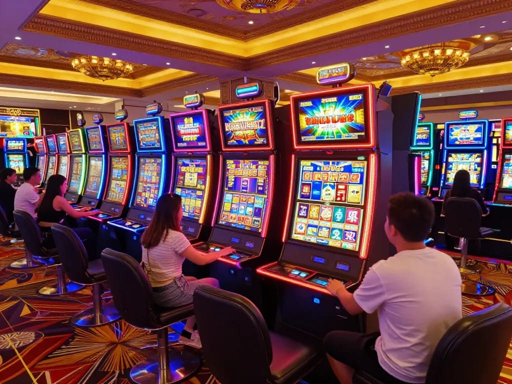 Engaging players spinning slot gacor machines with bright lights in a lively casino setting