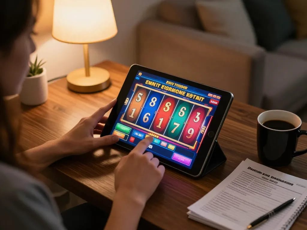 Player enjoying an online slot game on tablet, exploring tr88 link and strategic options in a cozy setting.