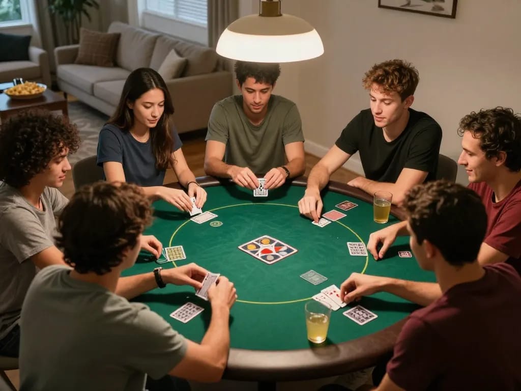 Engaging home poker night gathering showcasing Đại lý KO66 players strategizing over Texas Hold'em cards.