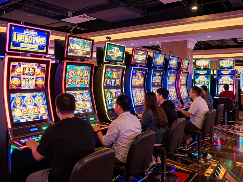 Experience the thrill of slot online gaming with players engaged in vibrant casino atmosphere.