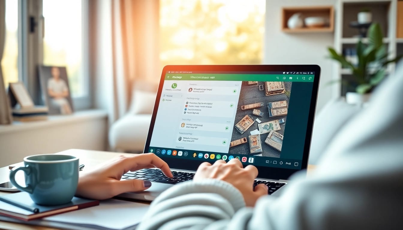 一位用户在舒适的家庭办公室使用 WhatsApp Web,突出显示如 快连VPN 等用于安全通信的功能。