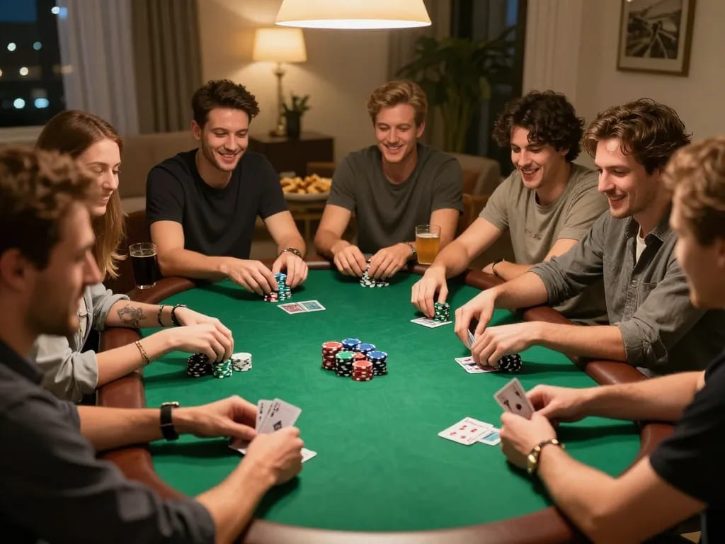 Players enjoying a lively poker night showcasing casinos not on gamstop with chips and cards in action.