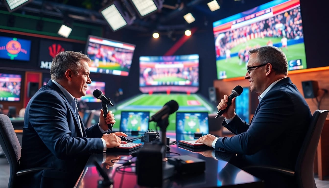 Sports Broadcasting hosts delivering live commentary in a vibrant studio environment.